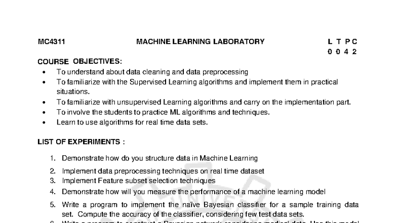 MCA 2nd Year Lab: MC4311 Machine Learning Laboratory Guide - Studocu