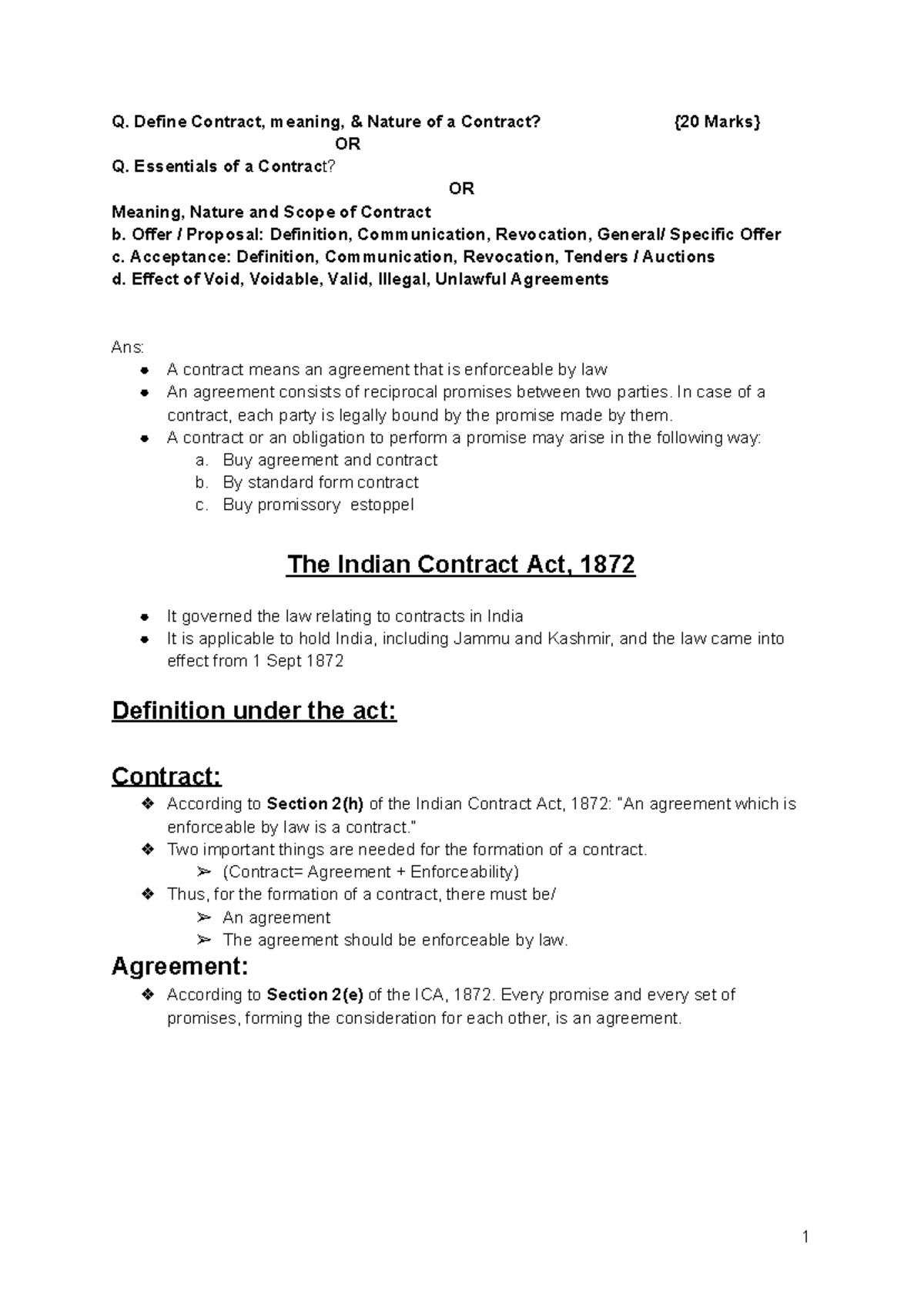 Law of Contract Notes (Sem 1): Meaning, Nature, and Essentials - Studocu