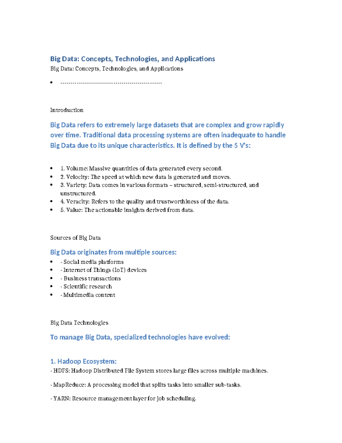 Detailed guide to big data concepts, technologies, and applications ...