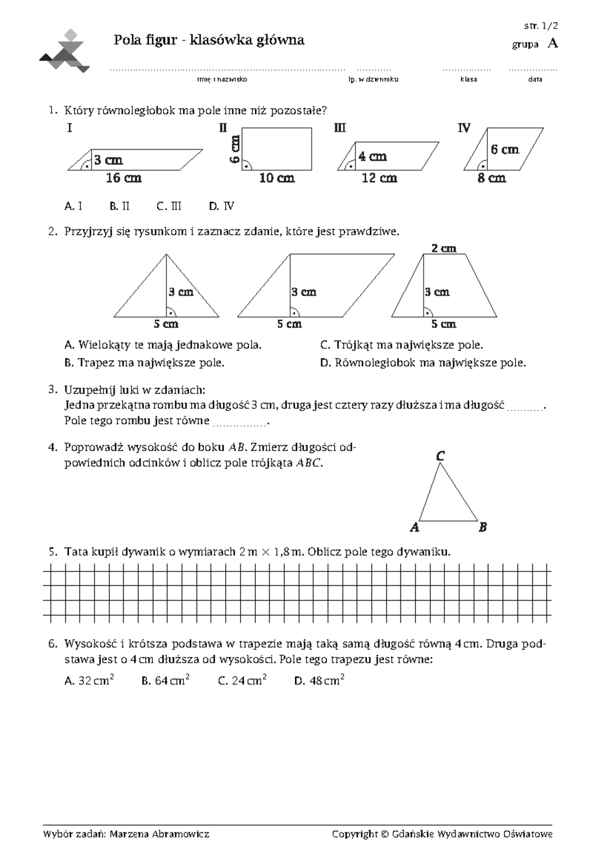 Sprawdzian Z Geometrii Klasa 6 Pola Figur www.studocu.com