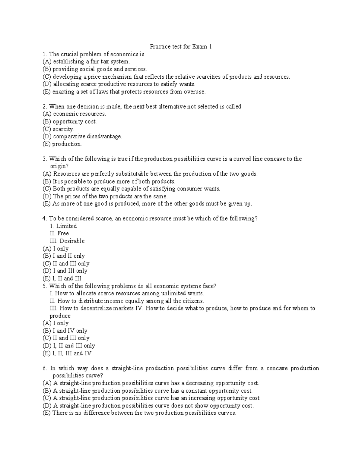 Unit 1 Practice Test for Economics Exam 1 - Studocu