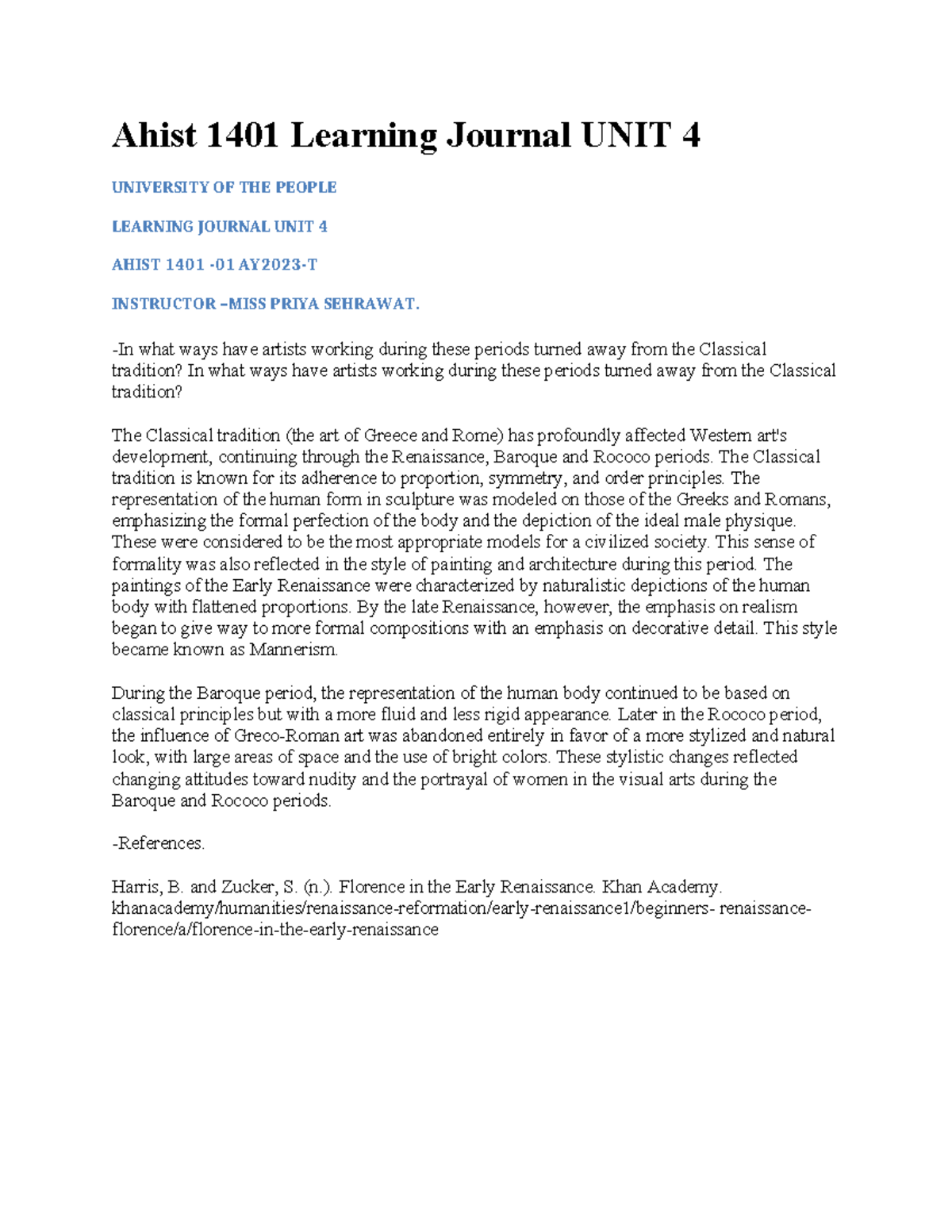 Ahist 1401 Learning Journal: Exploring Artistic Shifts in Unit 4 - Studocu