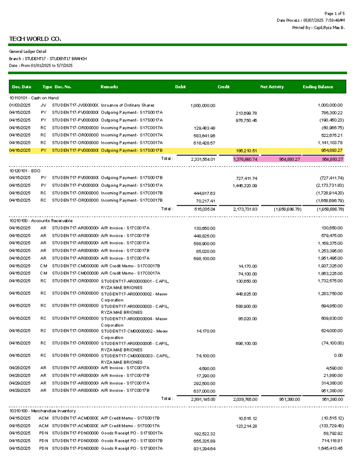 General Ledger Detail Report for STUDENT17 Branch - Tech World Co ...