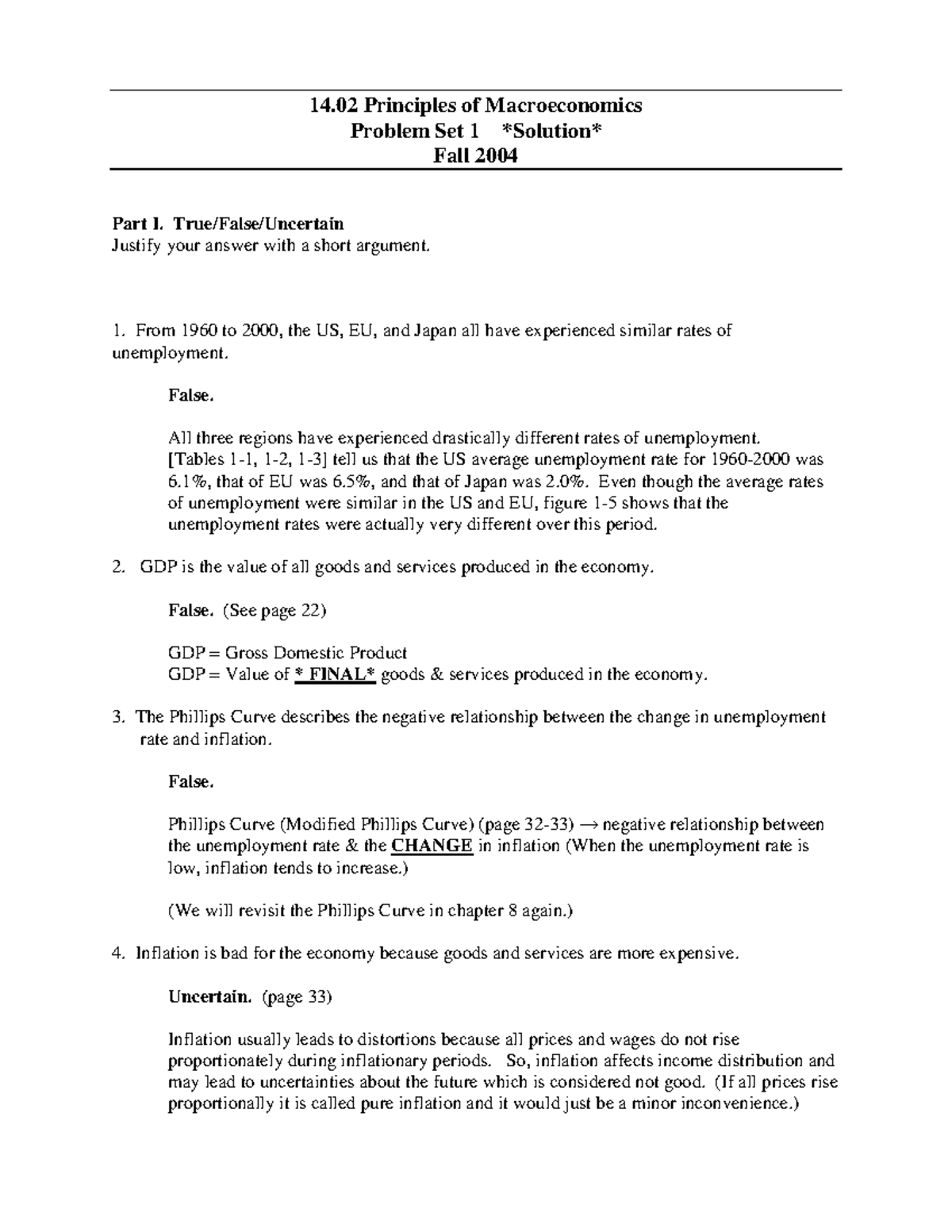 14.02 Principles of Macroeconomics Problem Set 1 Solutions Fall 2004 ...