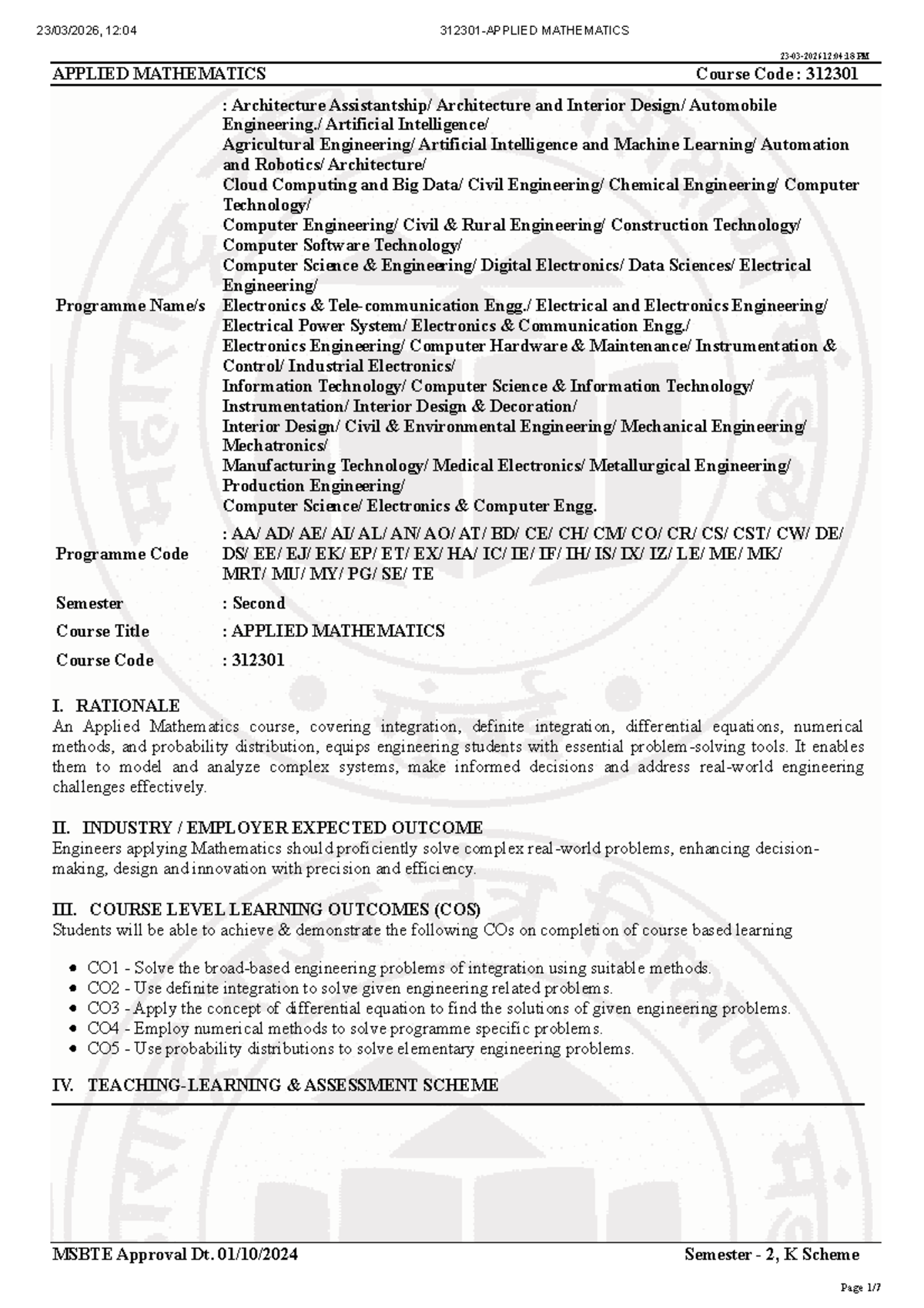 Applied Mathematics Course Notes - 312301 (Semester 2) - Studocu