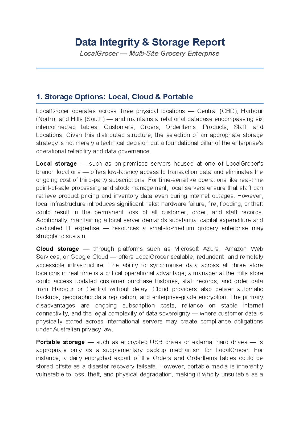 LocalGrocer Data Integrity Storage Report: Strategies & Risks Analysis ...