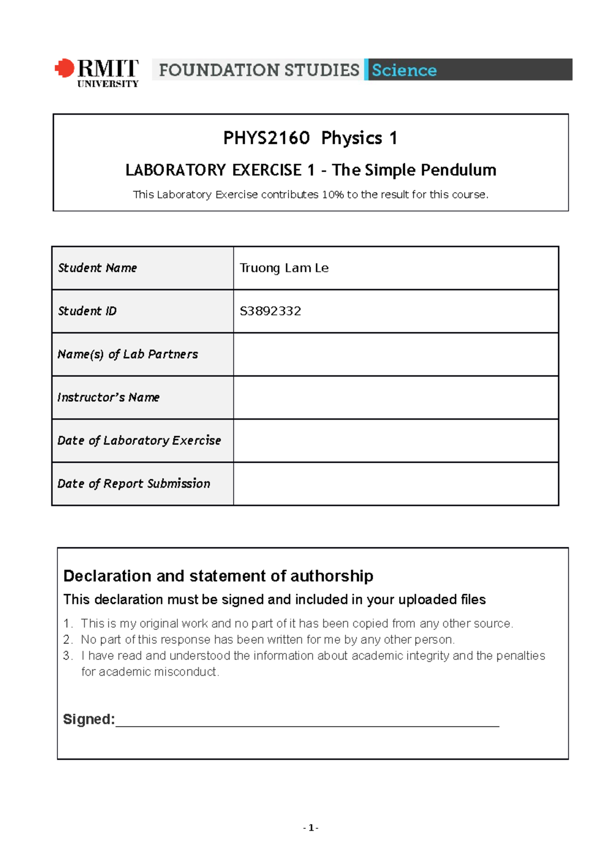 Laboratory Exercise 1 Report for Submission s2 20 - PHYS2160 Physics 1 ...