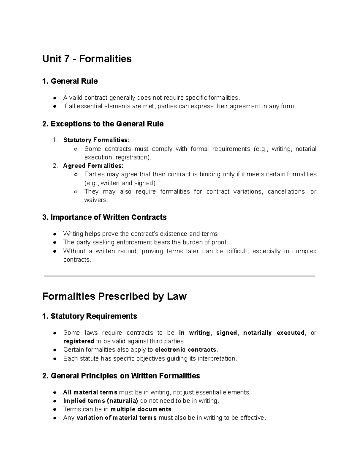 Unit 7 - Formalities in Contract Law: Essential Notes and Guidelines ...