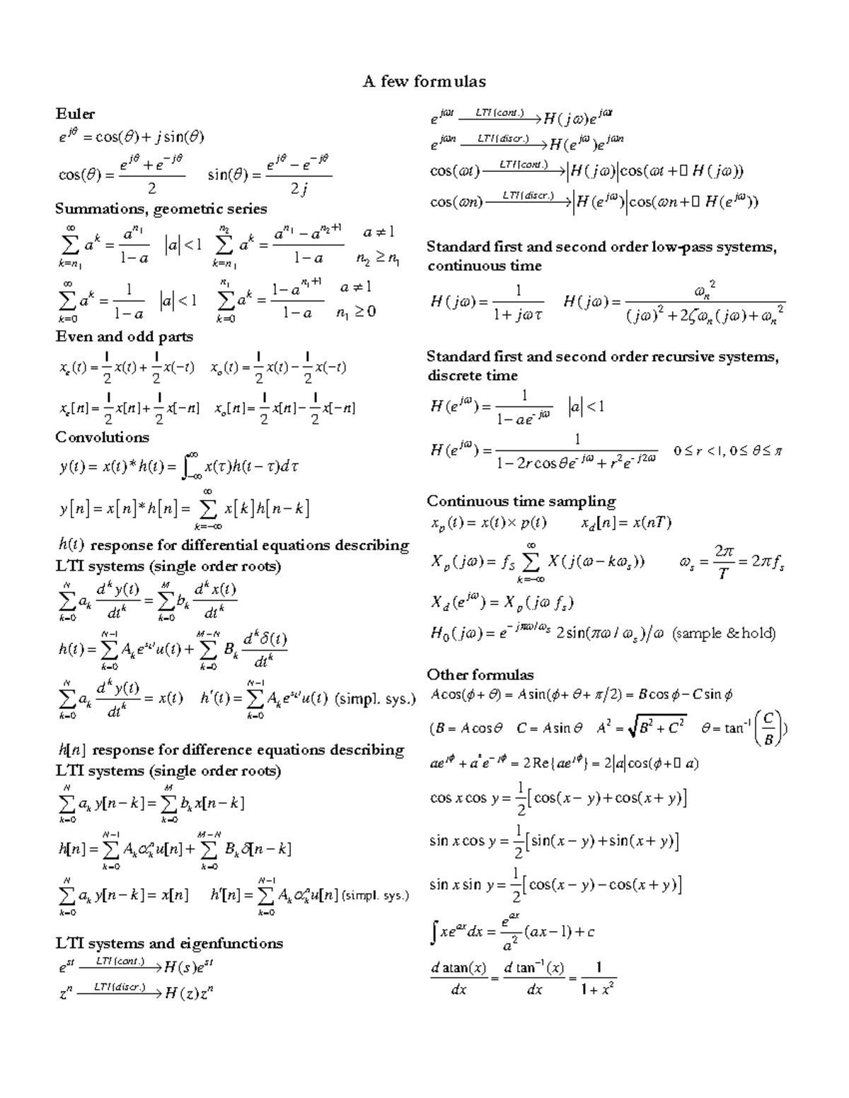 ELG3125 - Formula Sheets for LTI Systems and Fourier Transforms - Studocu