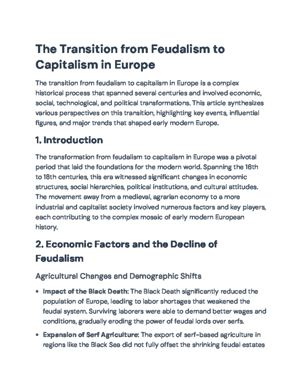 The Transition from Feudalism to Capitalism in Europe: Key ...