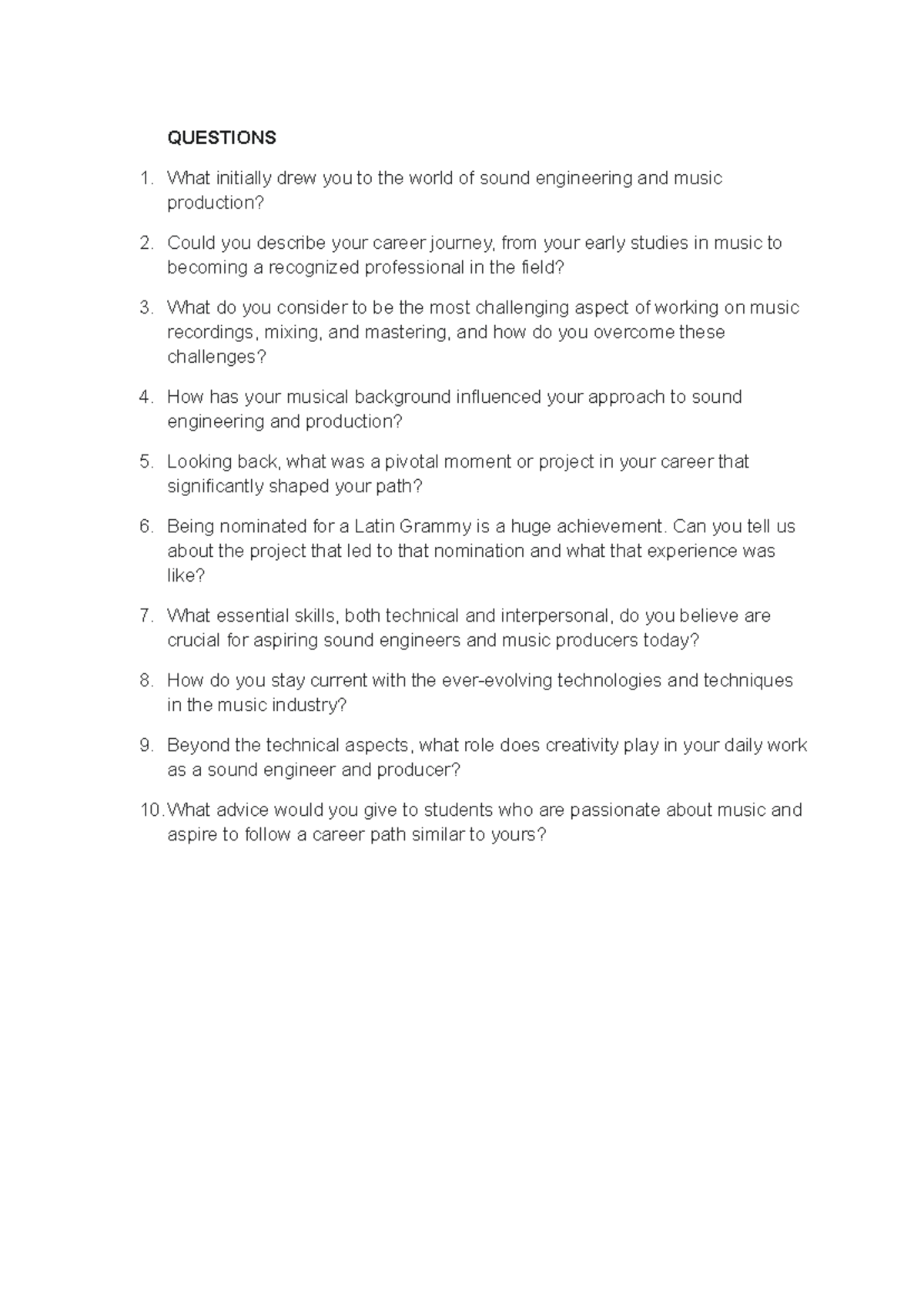 Interview Questions for Sound Engineering & Music Production - Studocu