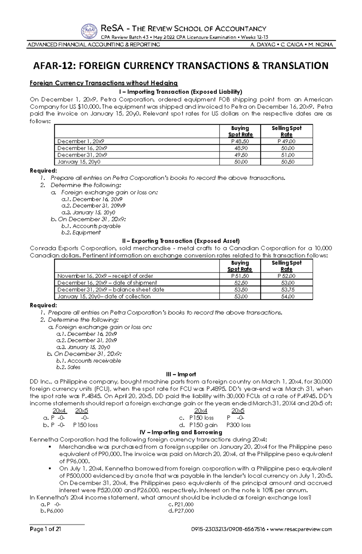 AFAR-12: Foreign Currency Transactions & Translation (Weeks 12-13) - Document Preview