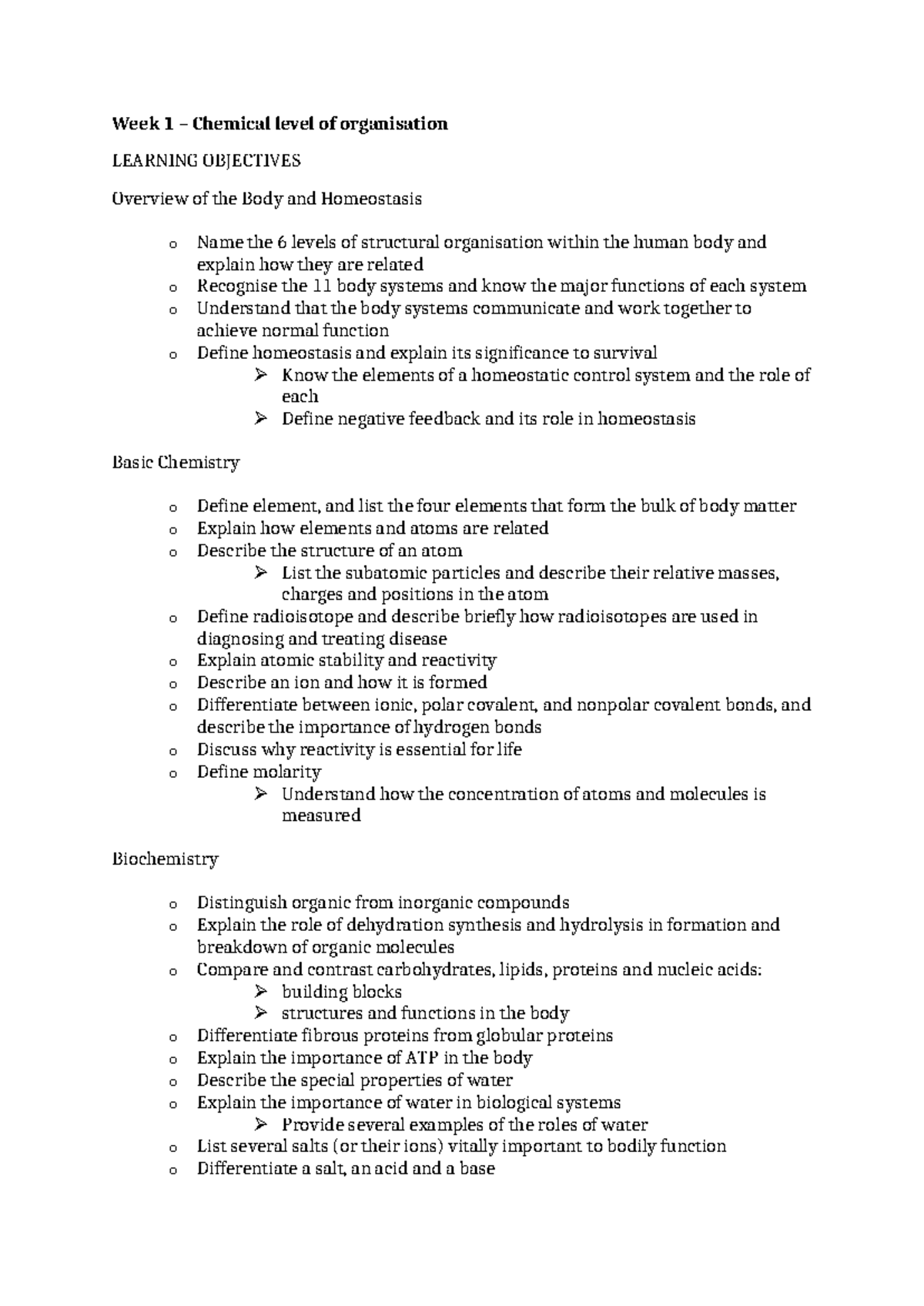 Week 1 BIO 101: Chemical Level of Organization Study Guide - Studocu