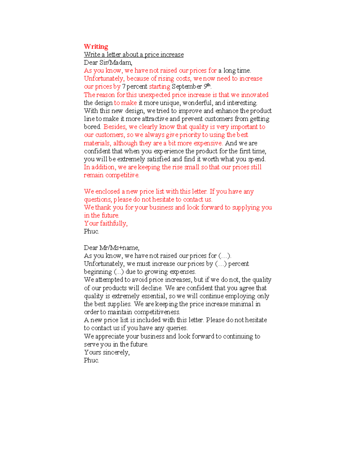 TATQ4 - kdqt: Letter on Price Increase Notification - Studocu