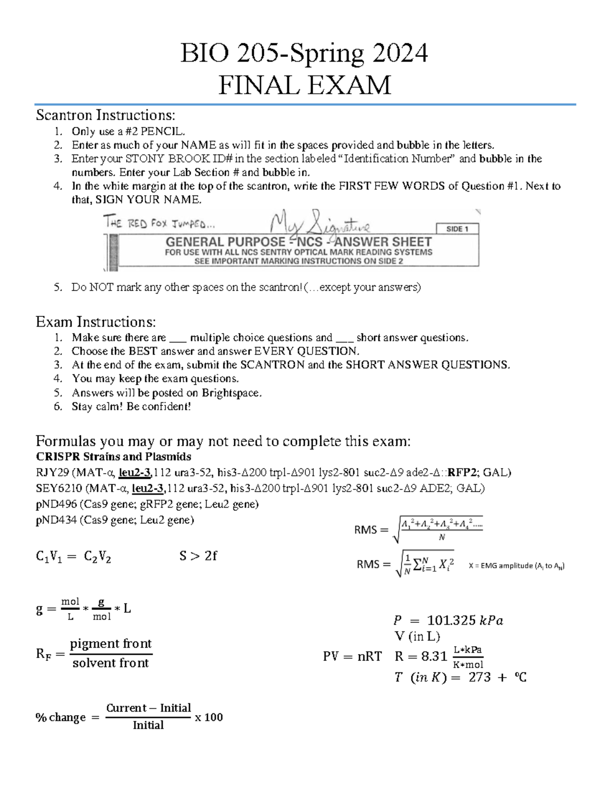 BIO 2024 FINAL EXAM Scantron Instructions and Guidelines - Studocu