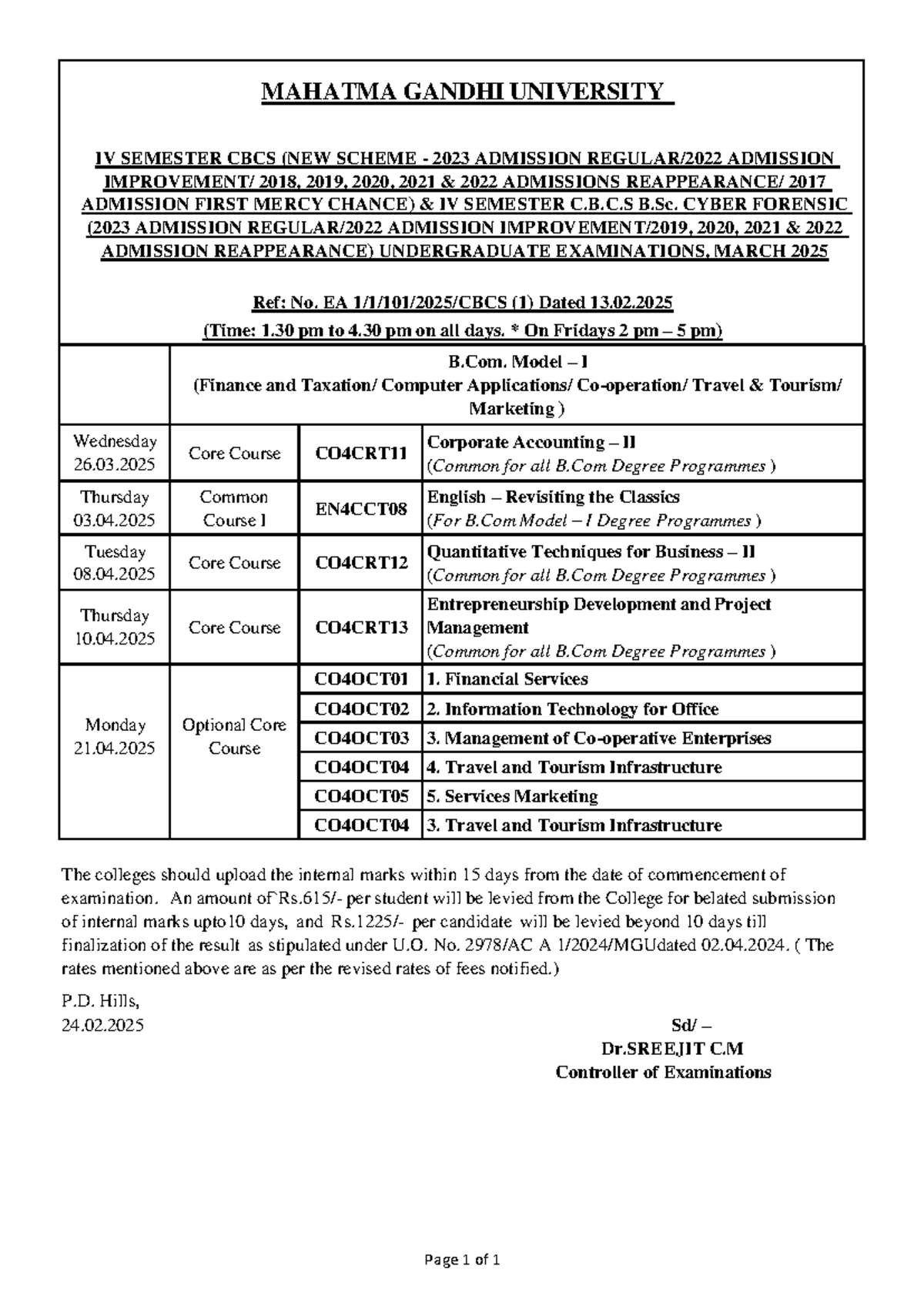 B.Com IV Sem CBCS Exam Timetable (March 2025) - Important Dates - Studocu