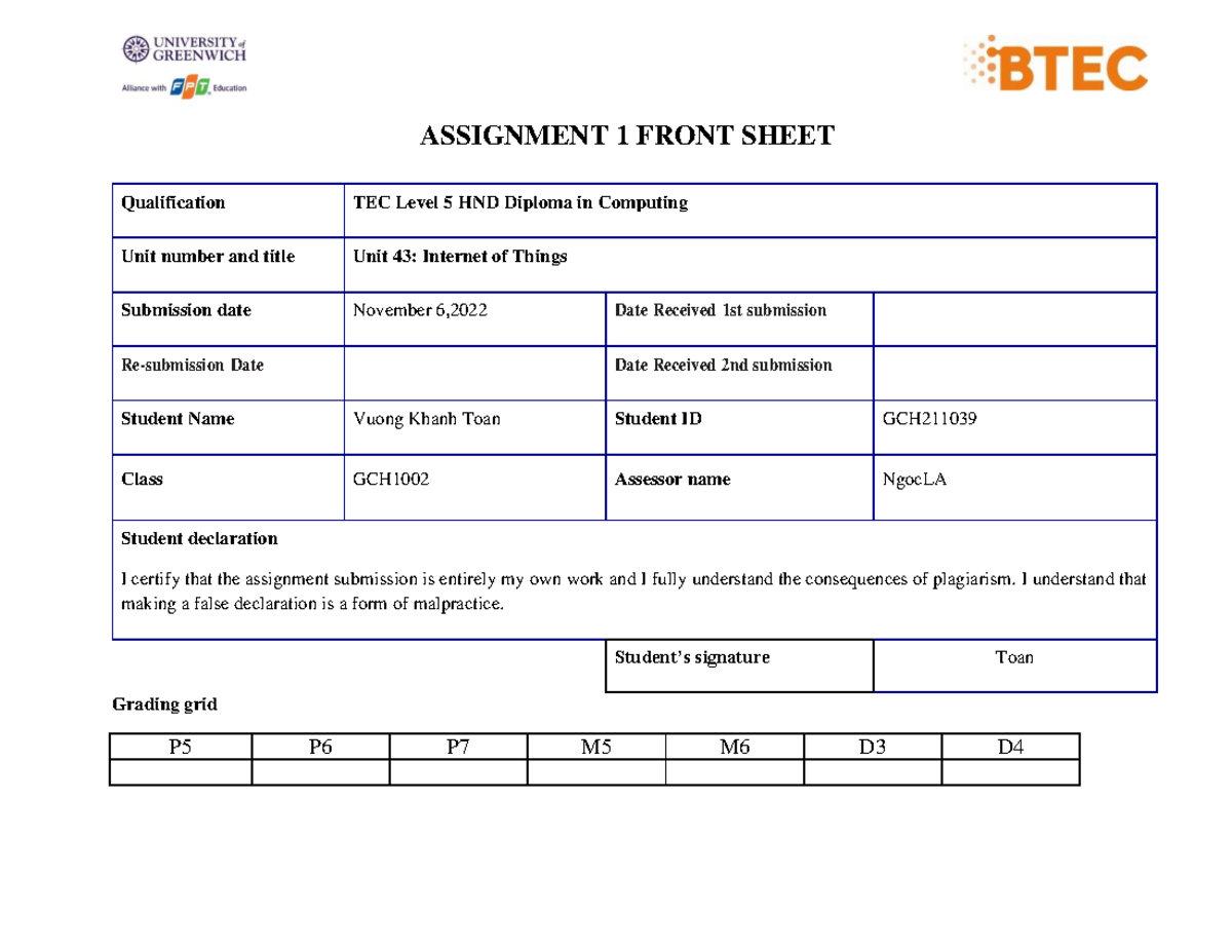 Unit 43 IoT Assignment 1 Front Sheet & Overview 2021 - Studocu