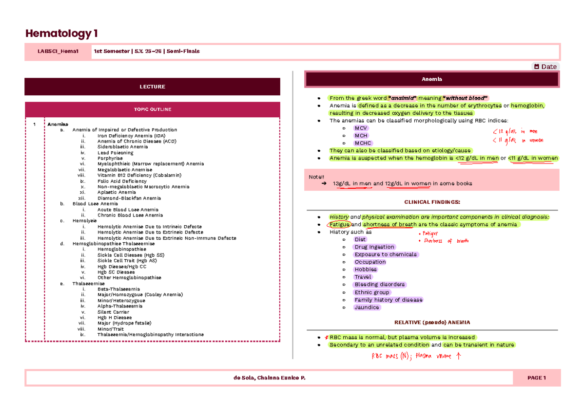 Hematology 1 LABSCI_Hema1 1st Sem S.Y. 1st Sem Anemia Lecture Notes ...