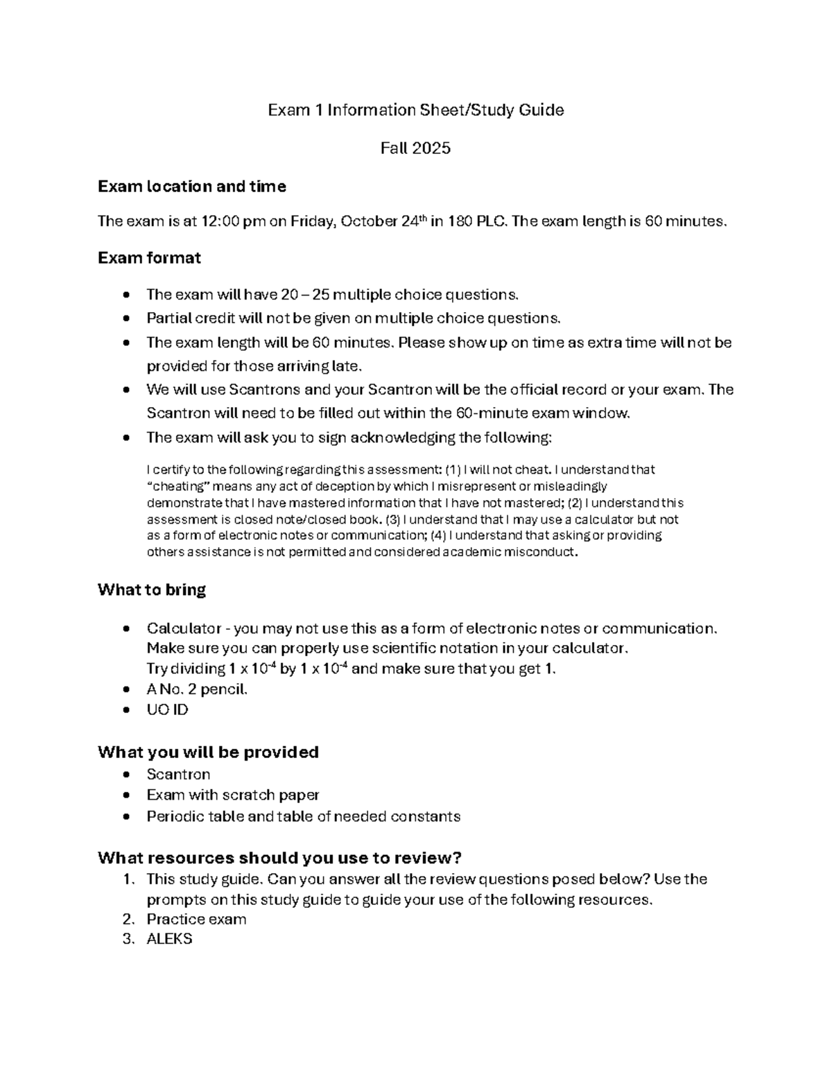 Exam 1 Study Guide for CH221Z - Fall 2025 - Studocu