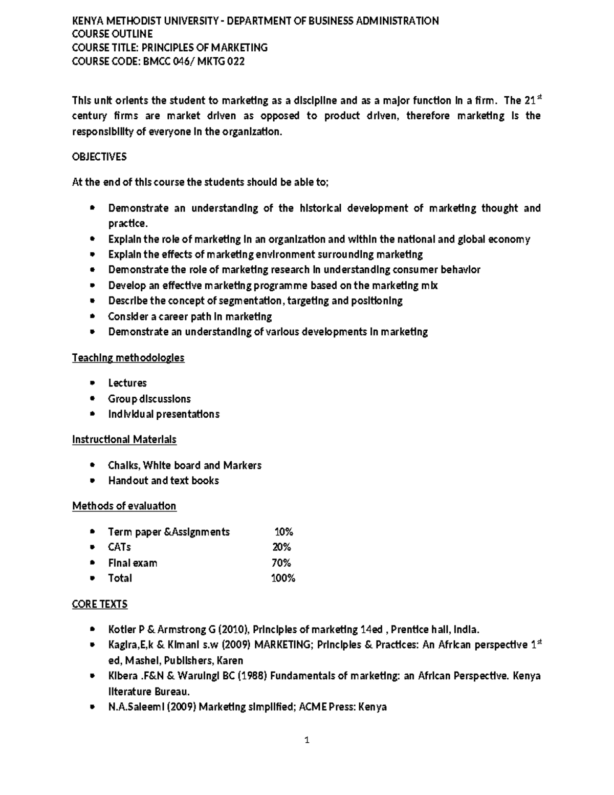 BMCC MKTG 022 Principles of Marketing Course Outline and Objectives ...