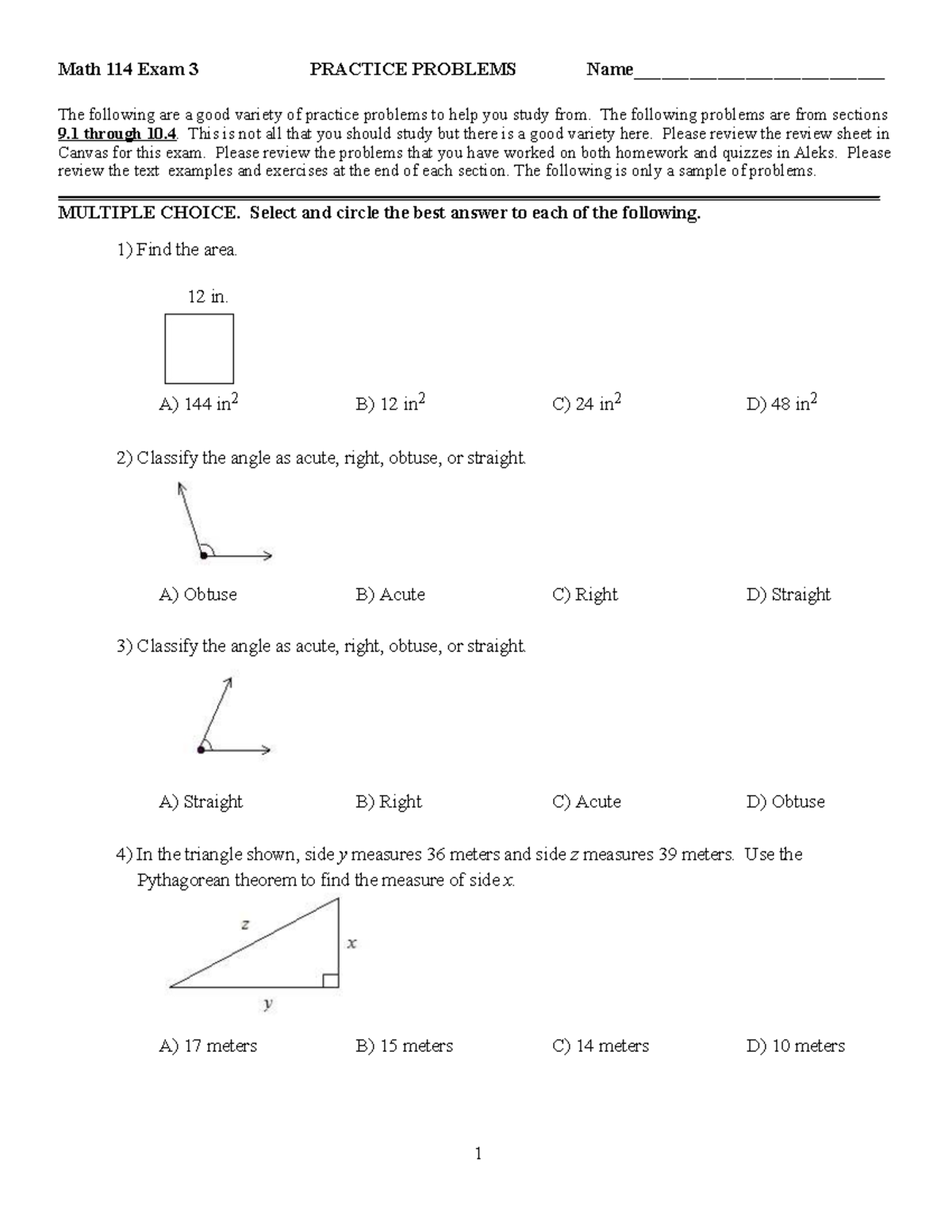 Math 114 Exam 3 Practice Problems & Answer Key for Review - Studocu