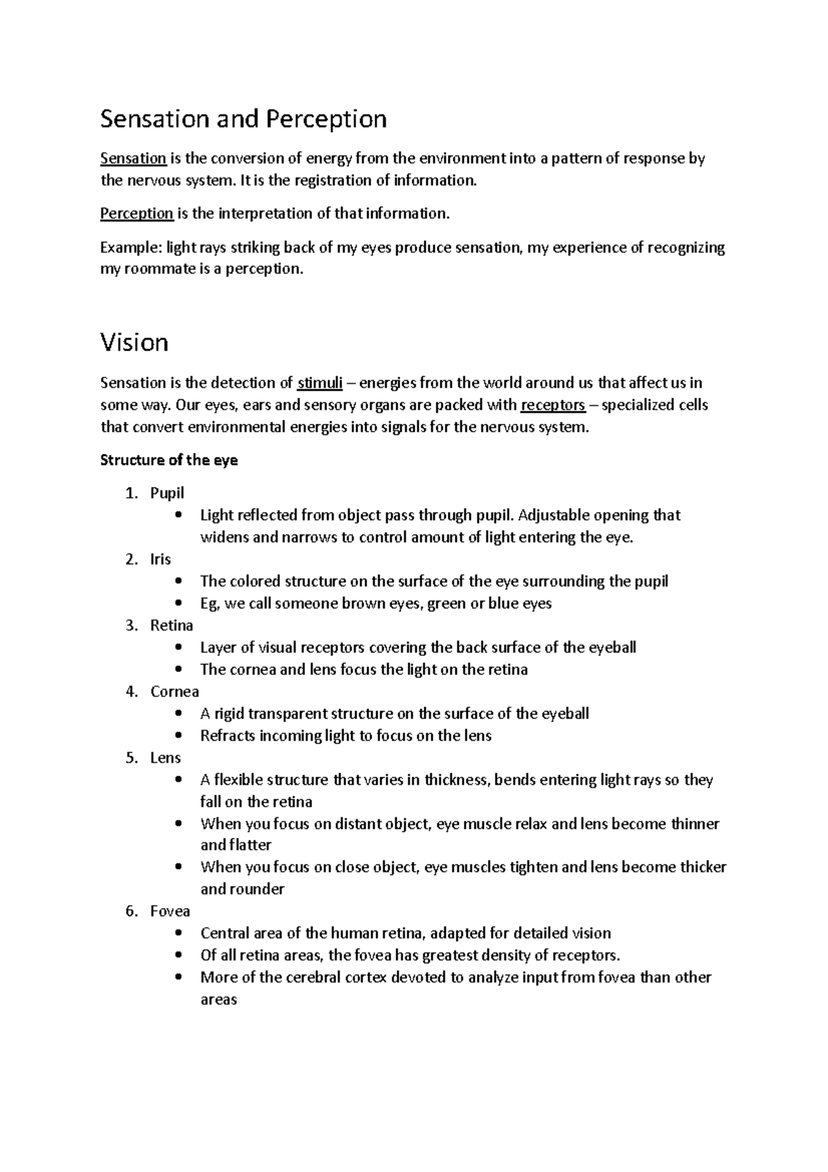 Week 3 Lecture Notes: Sensation and Perception - Prof. Ivy Lau - Studocu