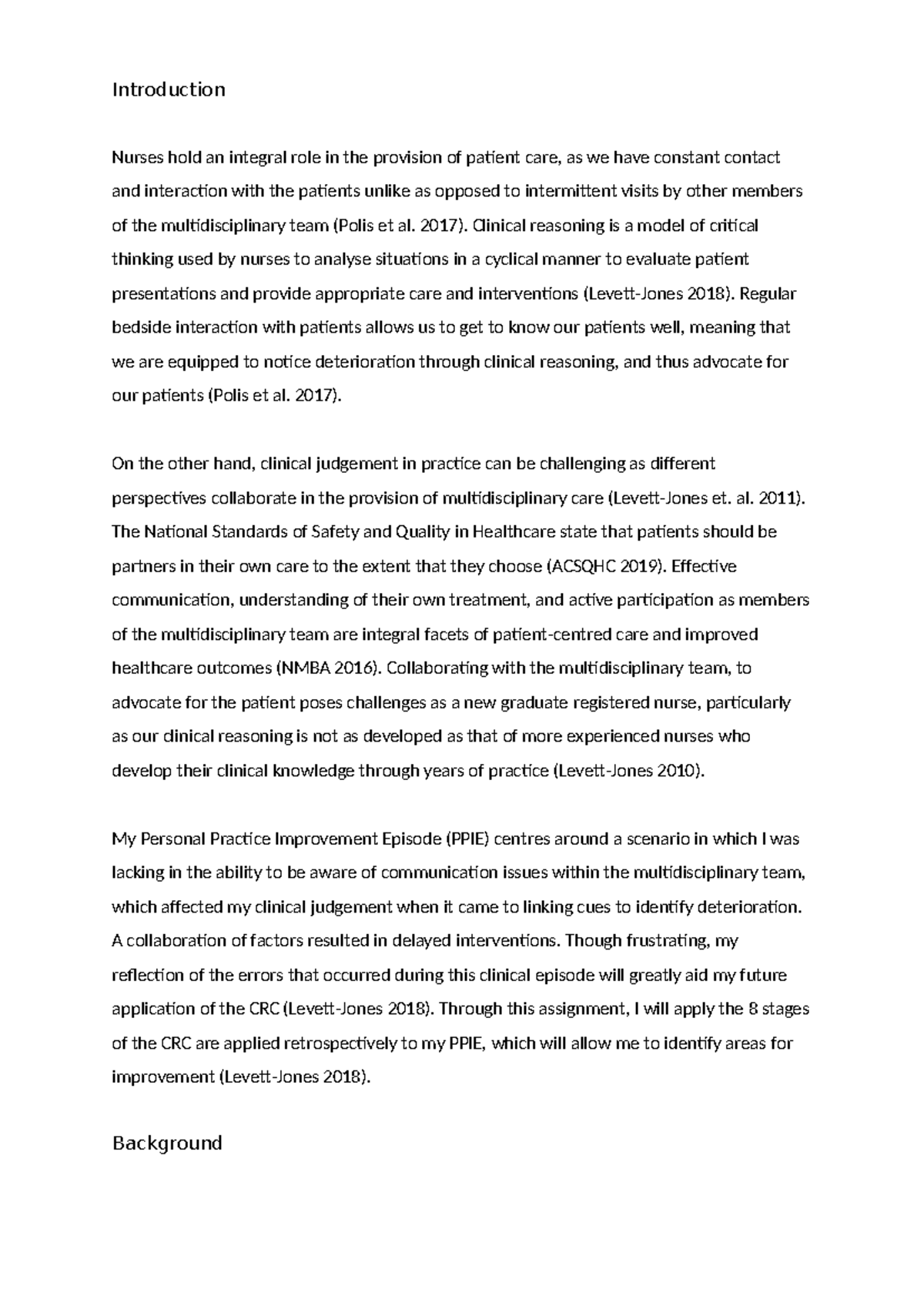 NUR 101: Clinical Reasoning and Patient Care Reflection Assignment ...