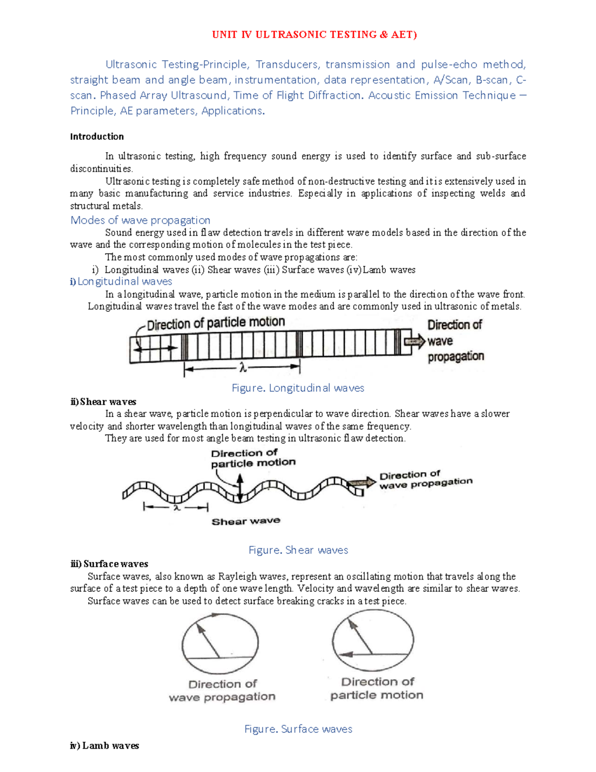 Unit IV - Notes - UNIT IV ULTRASONIC TESTING & AET) Ultrasonic Testing ...