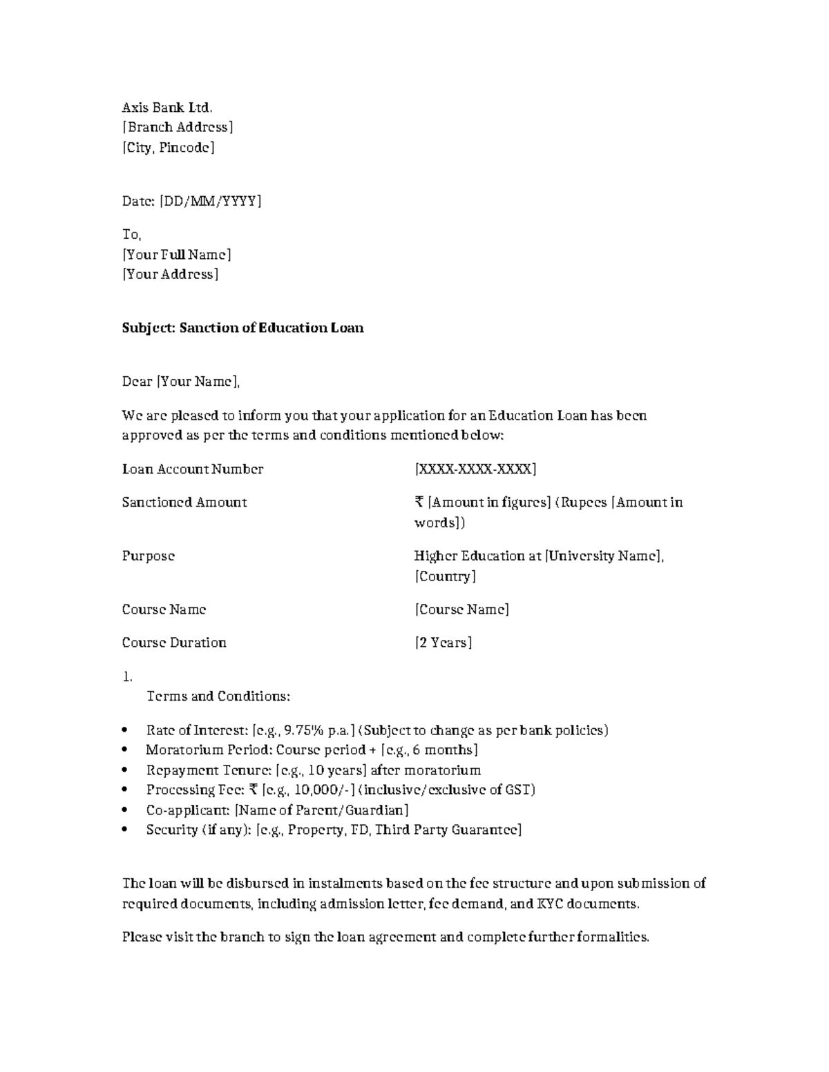 Axis Bank Education Loan Sanction Letter Details - Studocu