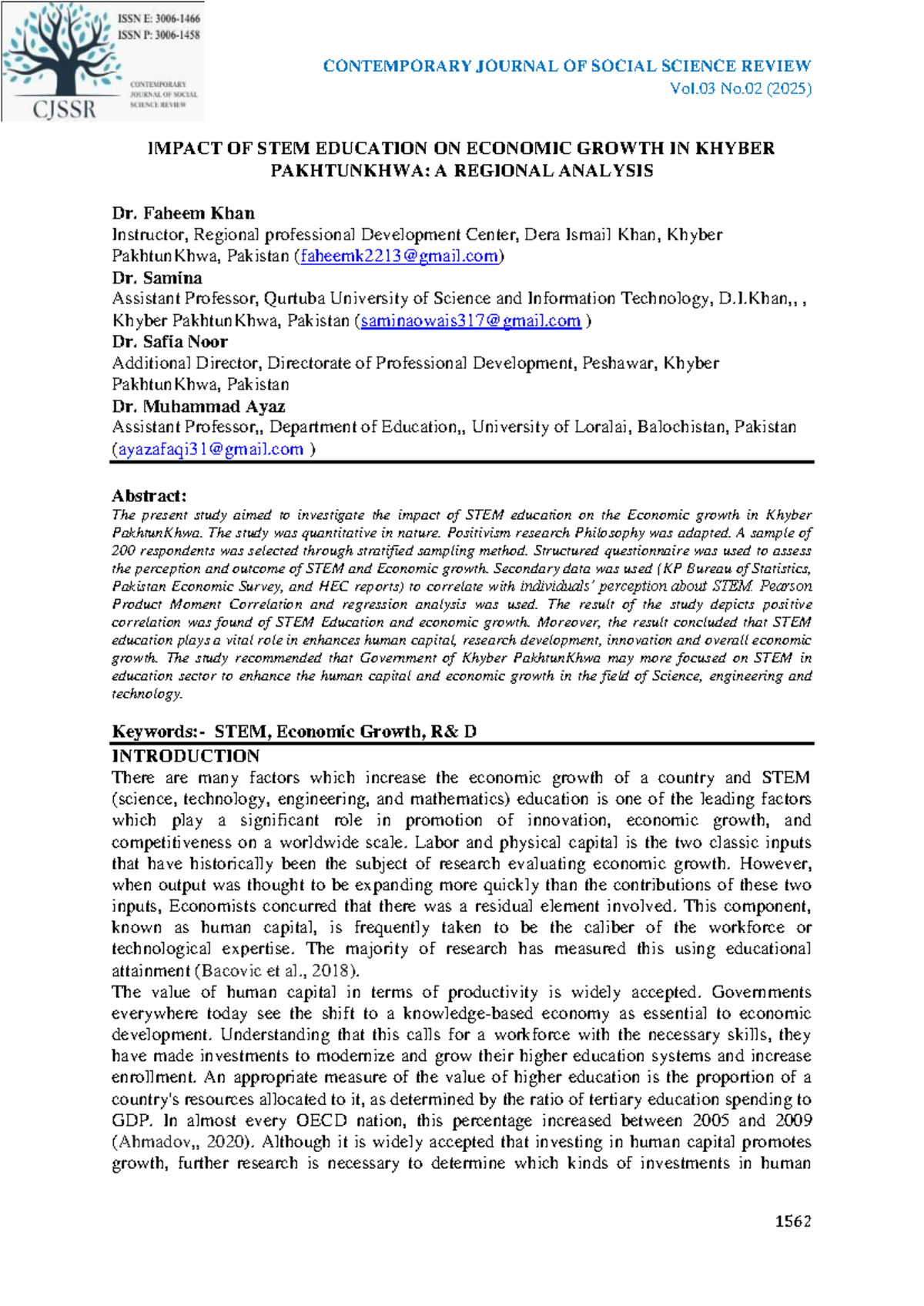 Impact of STEM Education on Economic Growth in Khyber Pakhtunkhwa: A ...