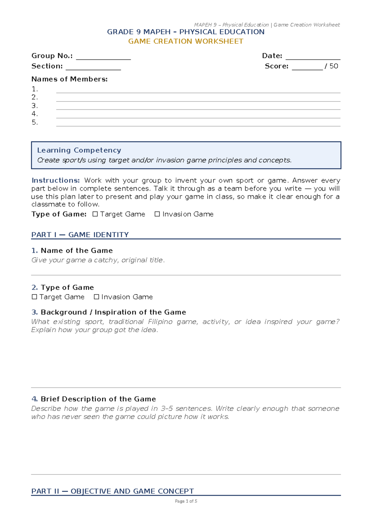 MAPEH 9 Game Creation Worksheet for Physical Education - Studocu