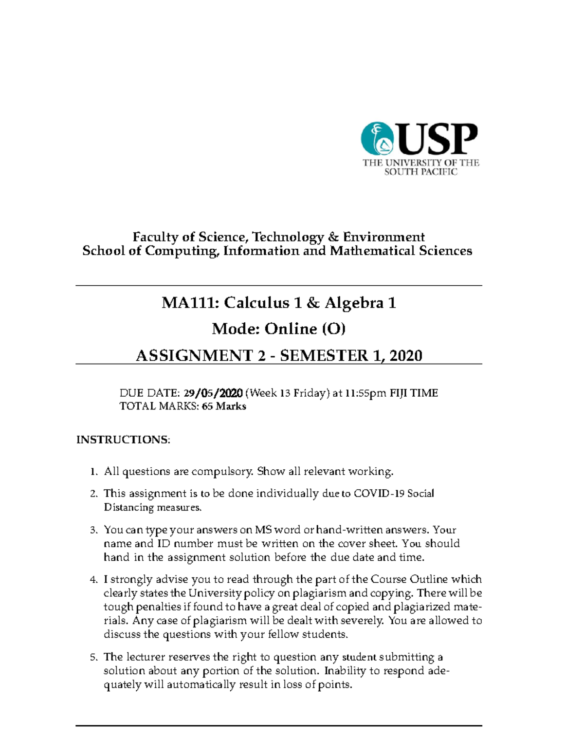 MA111 Assignment 2 Guidelines & Questions - Online S1 2020 - Studocu