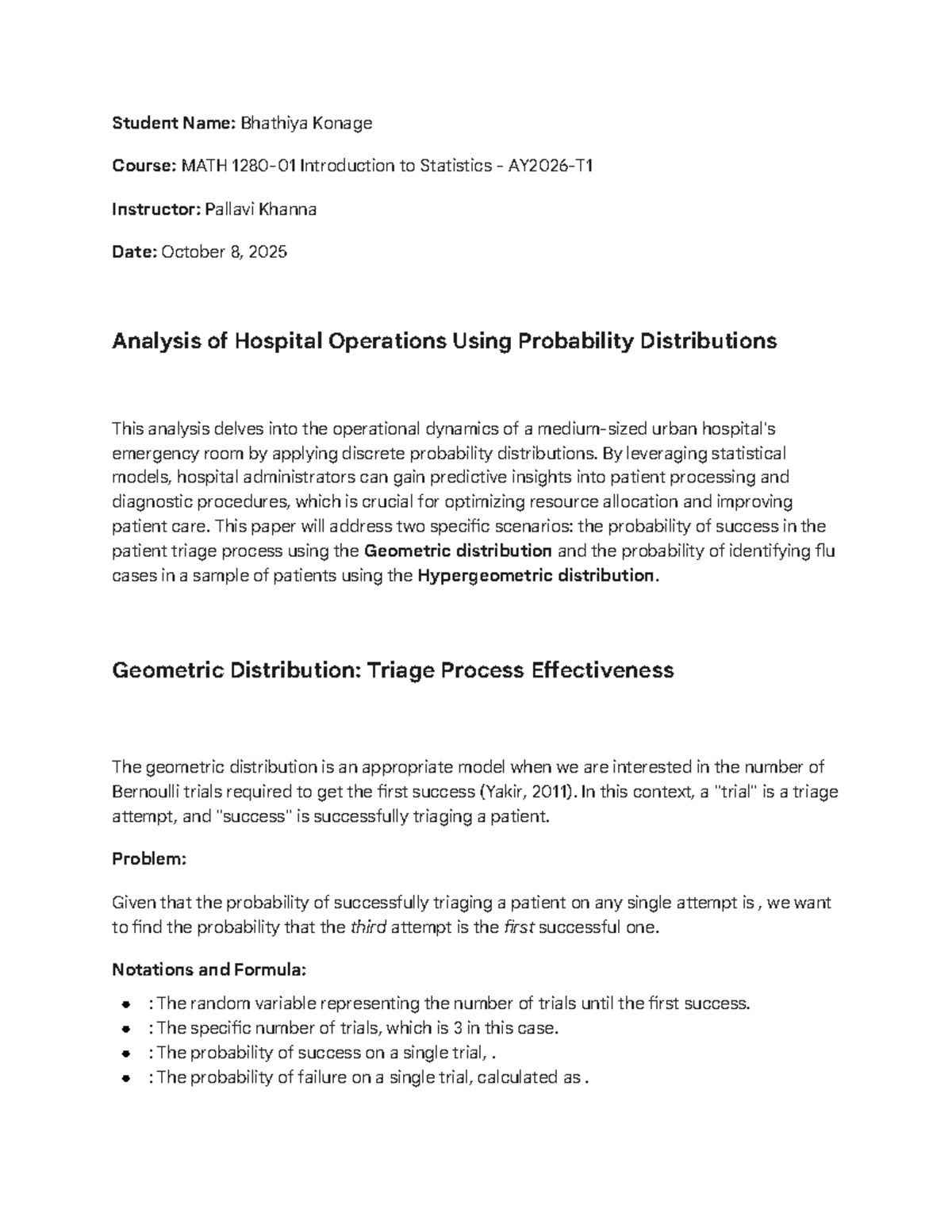 MATH 1280-01 Final Exam: Probability Distributions in Hospital ...