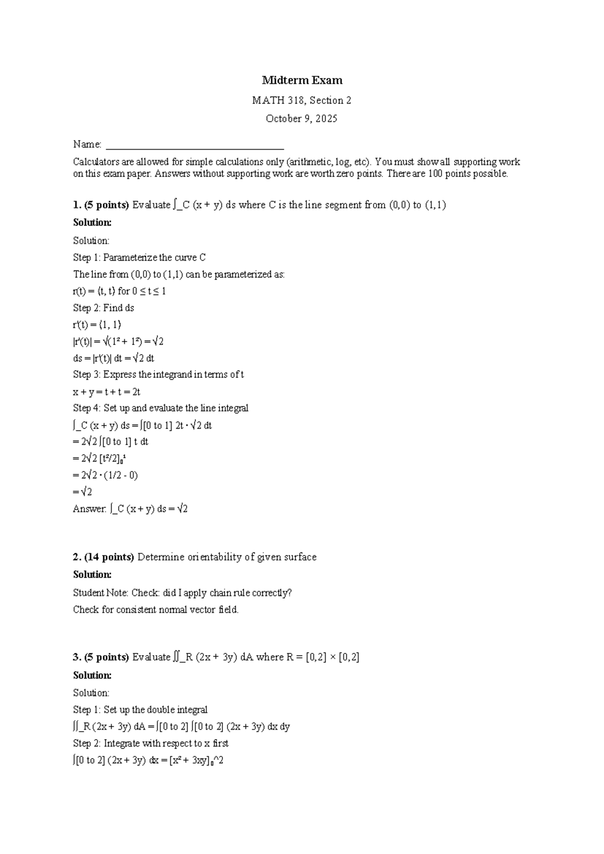 Midterm Exam Solutions for MATH 318, Section 2 - October 9, 2025 - Studocu