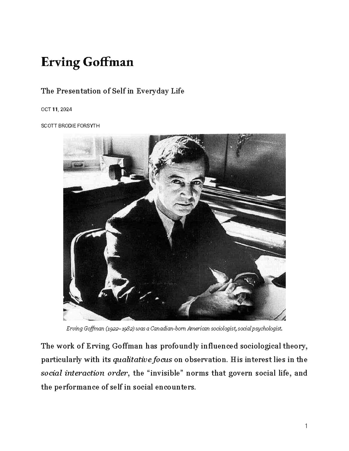 Erving Goffman: The Presentation of Self in Everyday Life - Analysis ...