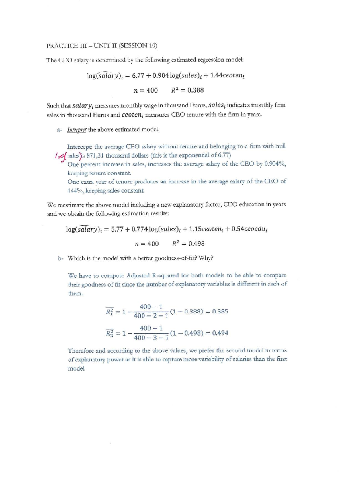 PRACTICE UNIT II (SESSION 10) CEO Salary Regression Analysis - Studocu