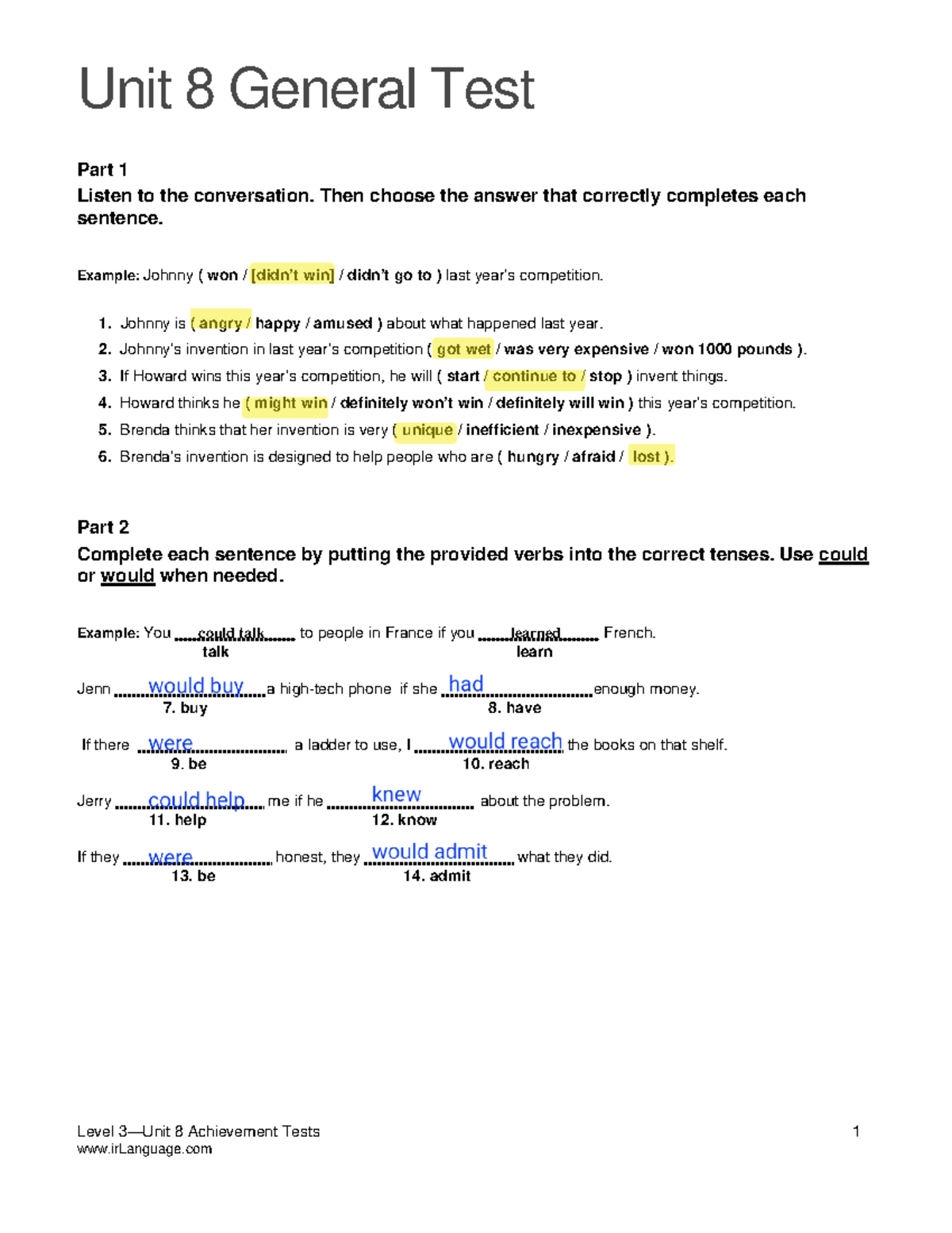 Level 8 Achievement Tests: General Test Unit 8 Listening & Writing ...