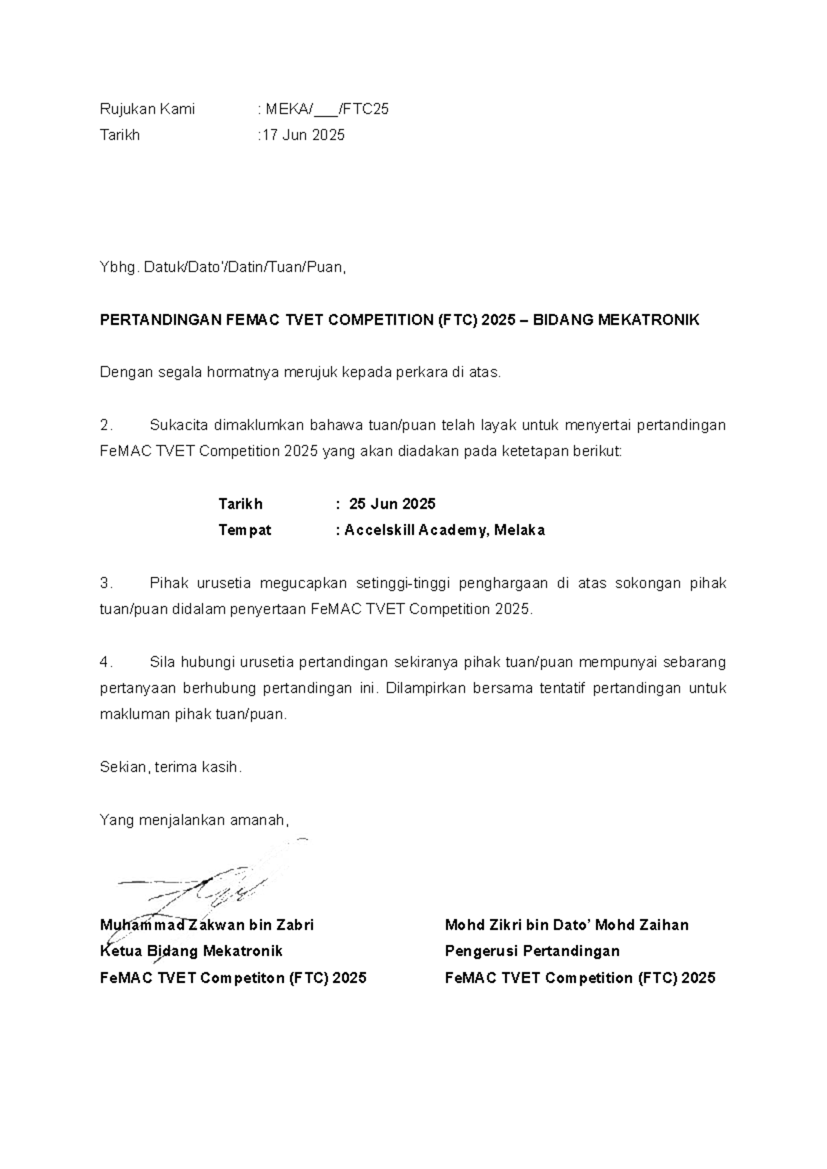 Tentatif Pertandingan FeMAC TVET Competition (FTC) 2025 - Studocu