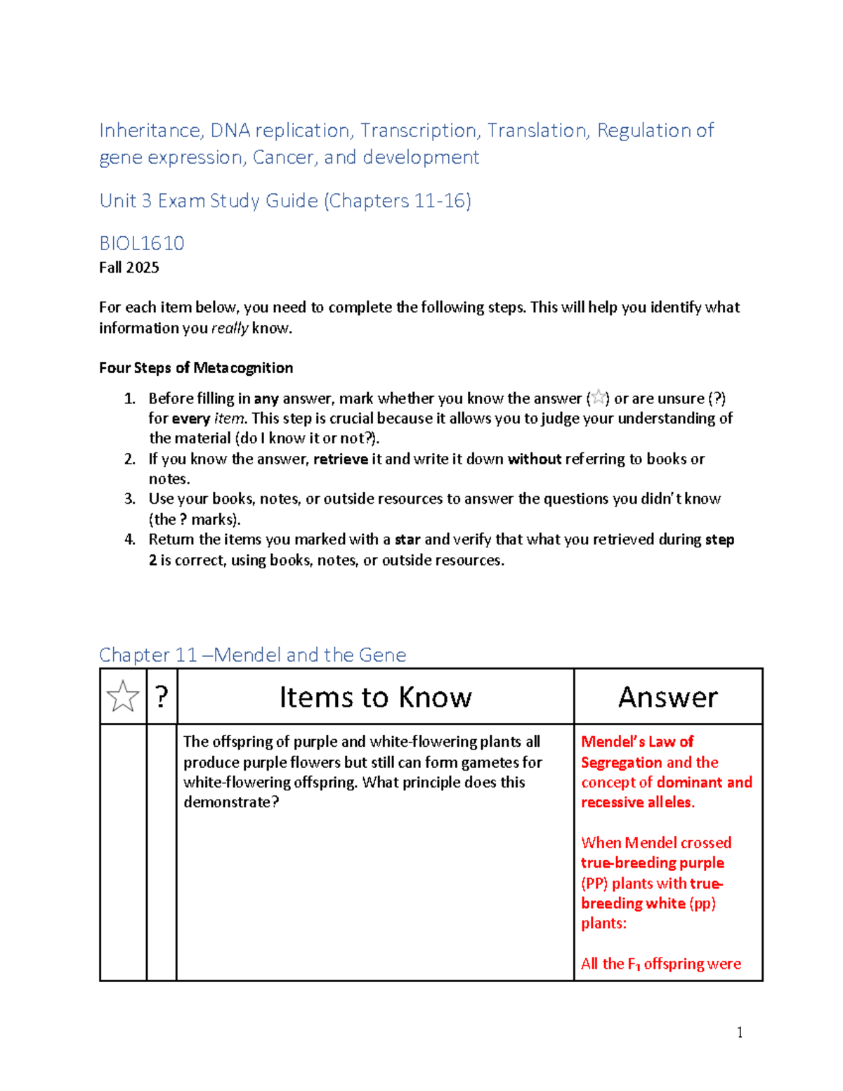 Unit 3 Exam Study Guide for BIOL1610 (Chapters 11-16) - Studocu