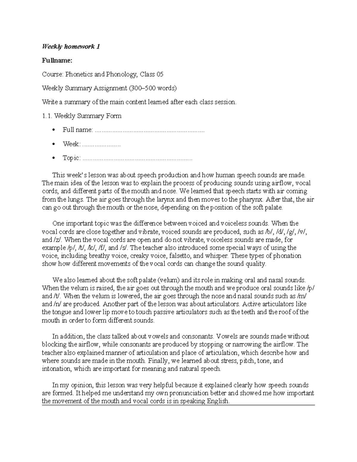 Phonetics and Phonology (Class 05) Weekly Summary - Homework 1 - Studocu