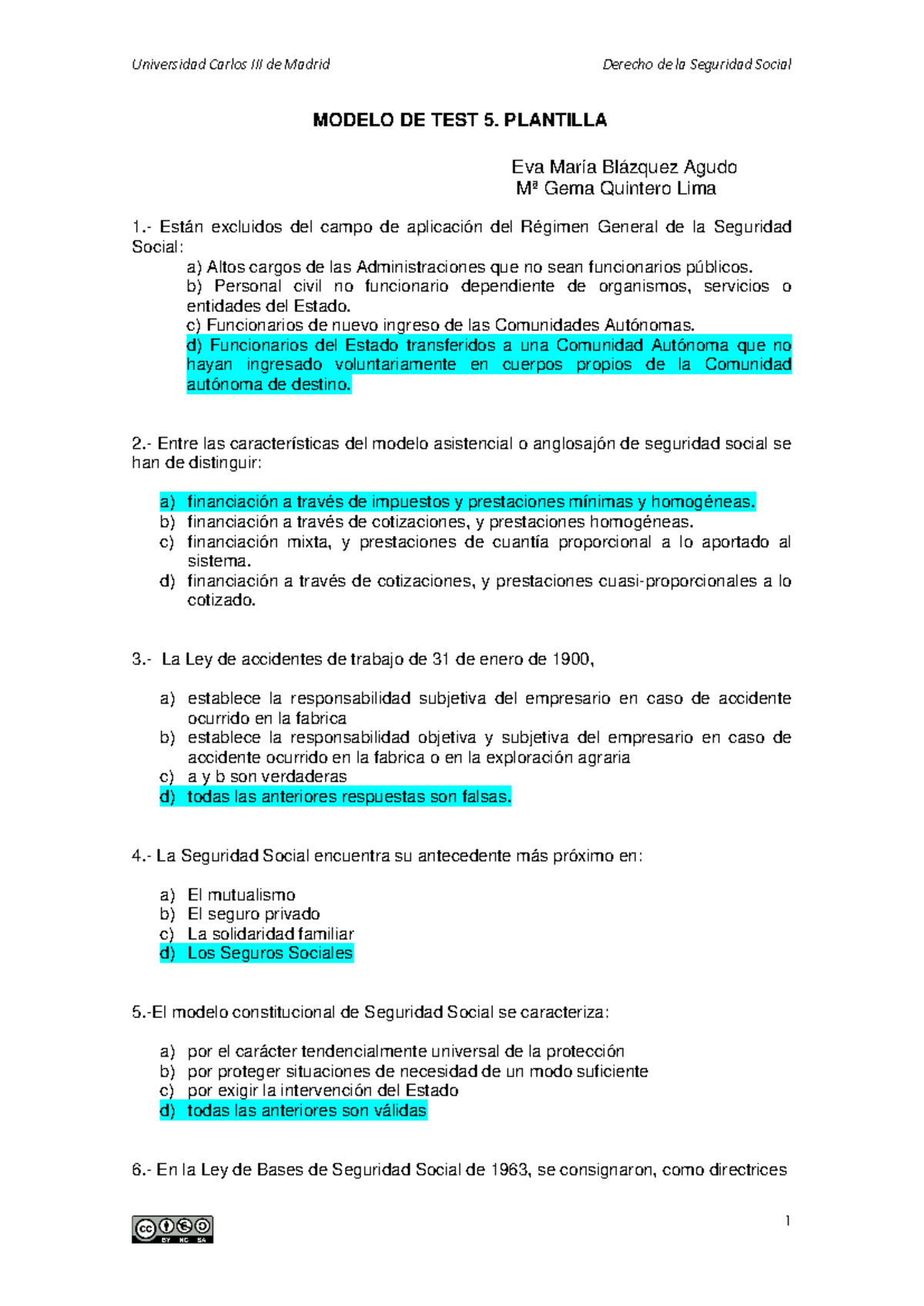 Modelo Test 5 Solución - Exámenes Parciales de Seguridad Social - Studocu