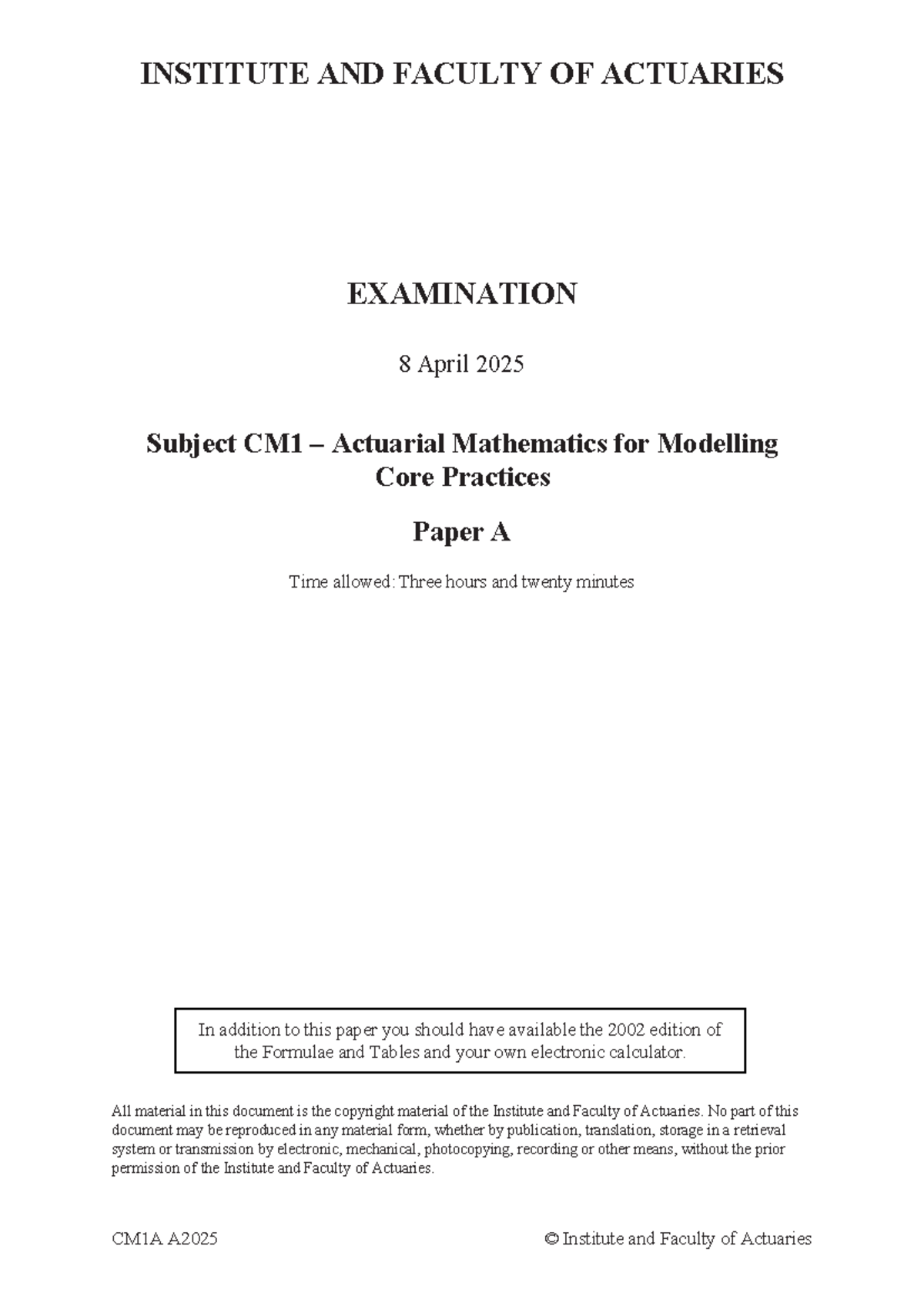 CM1A April 2025 Exam - Actuarial Mathematics Paper A - Studocu
