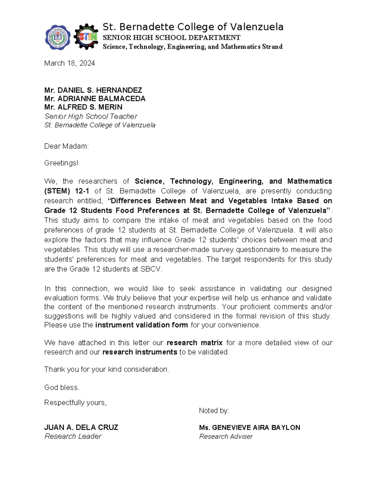 Validation Letter for STEM 12-1 Research Study on Food Preferences ...