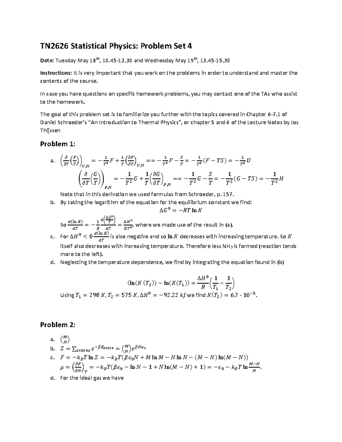 PS4 2021 TN2626 Statistical Physics Problem Set 4 Solutions - Studeersnel