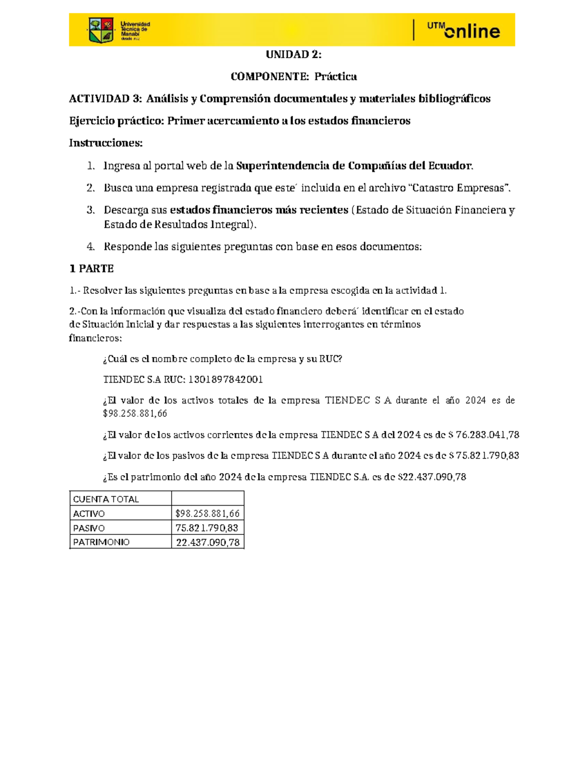 UNIDAD 2: ACTIVIDAD 3 - Análisis de Estados Financieros 2024 - Studocu