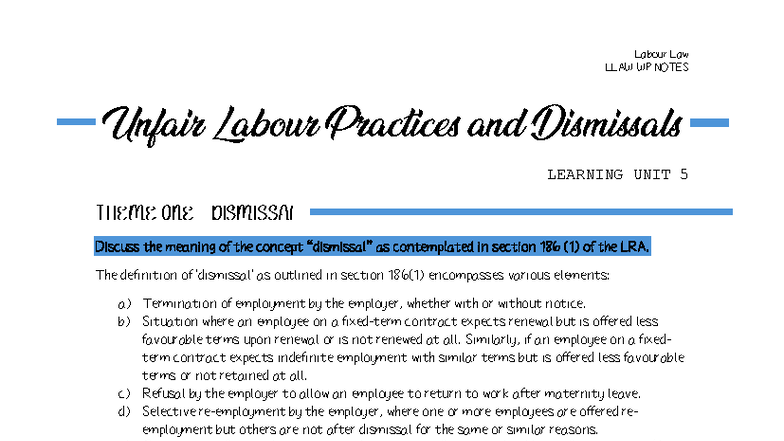 Labour Law LLAW WP NOTES: Understanding Unfair Dismissals & Practices ...