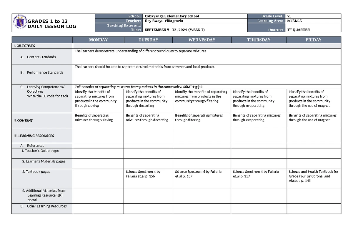 DLL Science 6 Q1 W6 - LESSON PLAN - GRADES 1 to 12 DAILY LESSON LOG ...