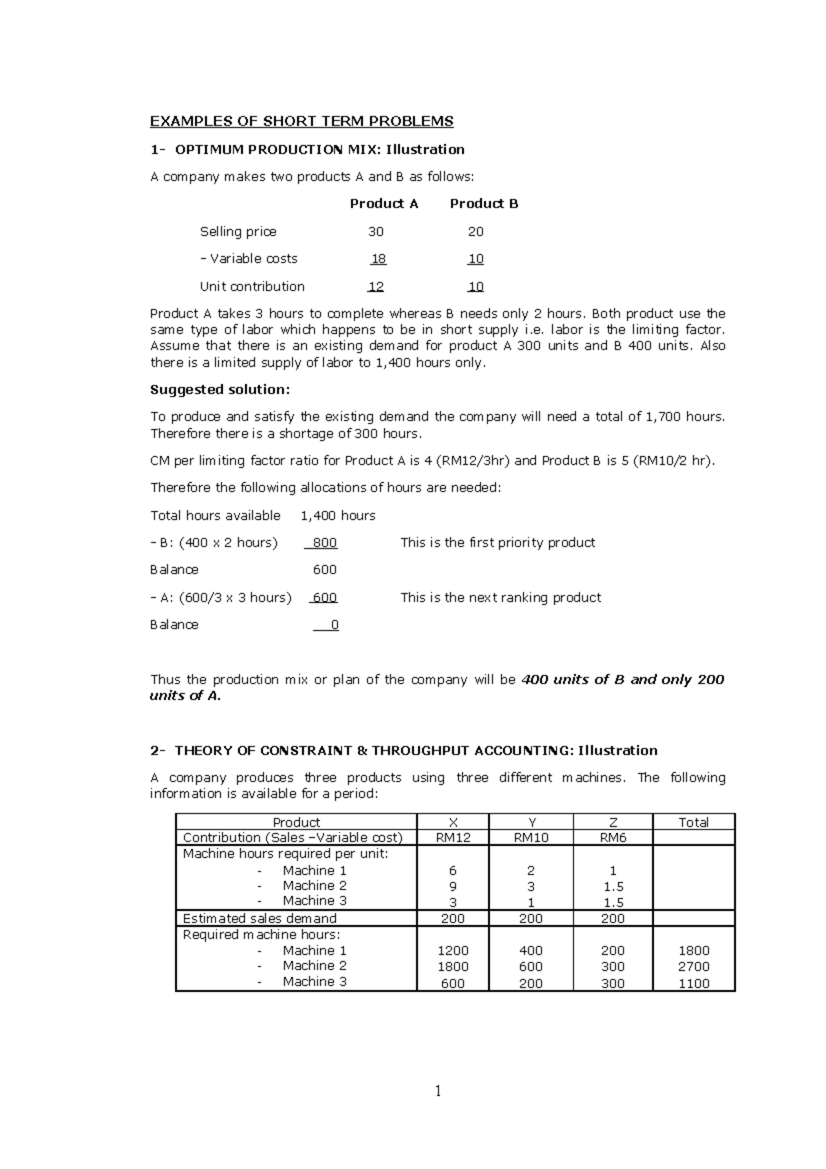 Example STDM Problems q&a - EXAMPLES OF SHORT TERM PROBLEMS 1- OPTIMUM ...