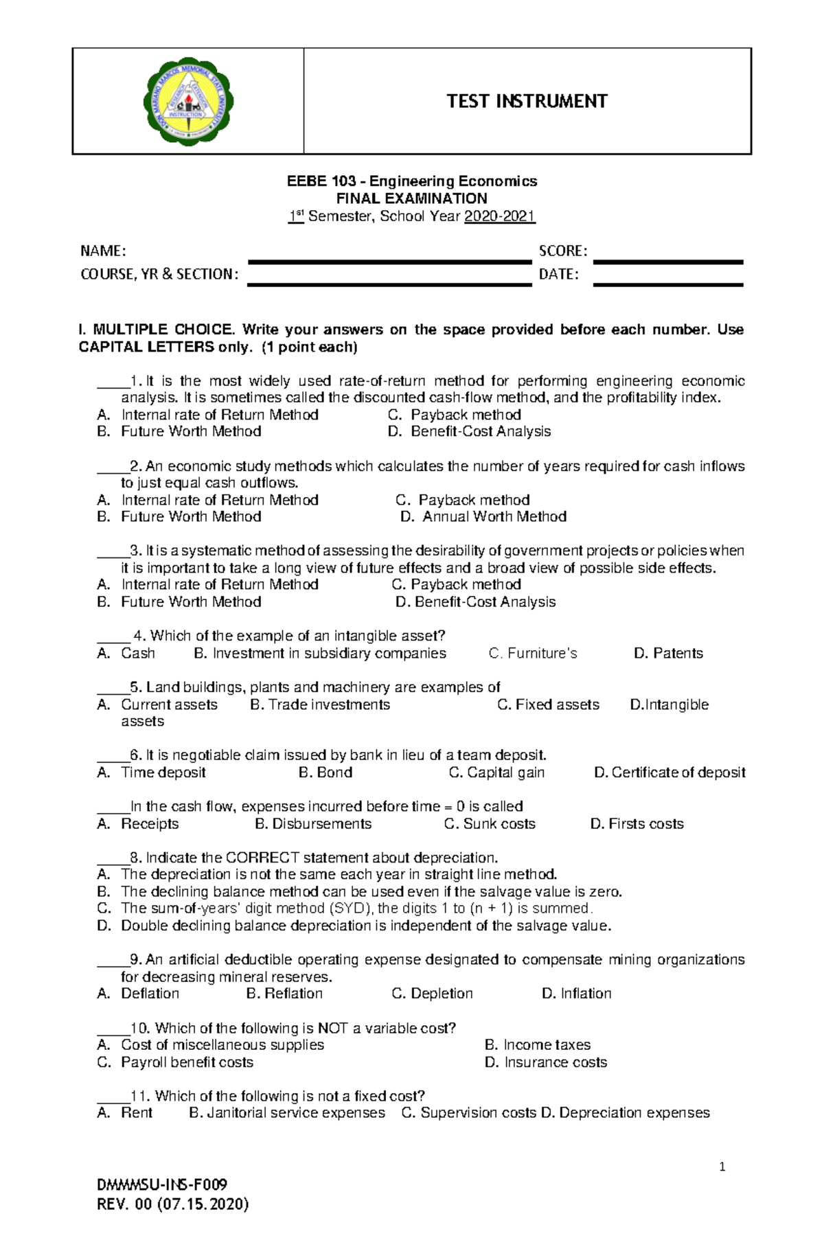 Eebe 103 Engineering Economics Final Exam Review And Practice Studocu