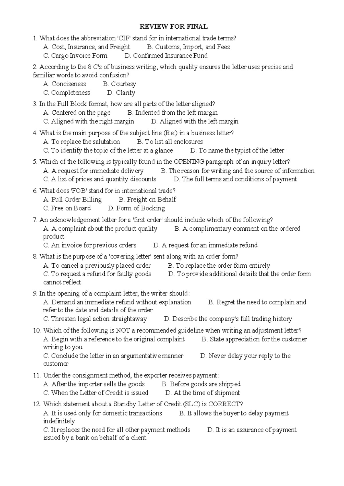 Review for Final Exam HK3 2526: Business Writing & Trade Terms - Studocu
